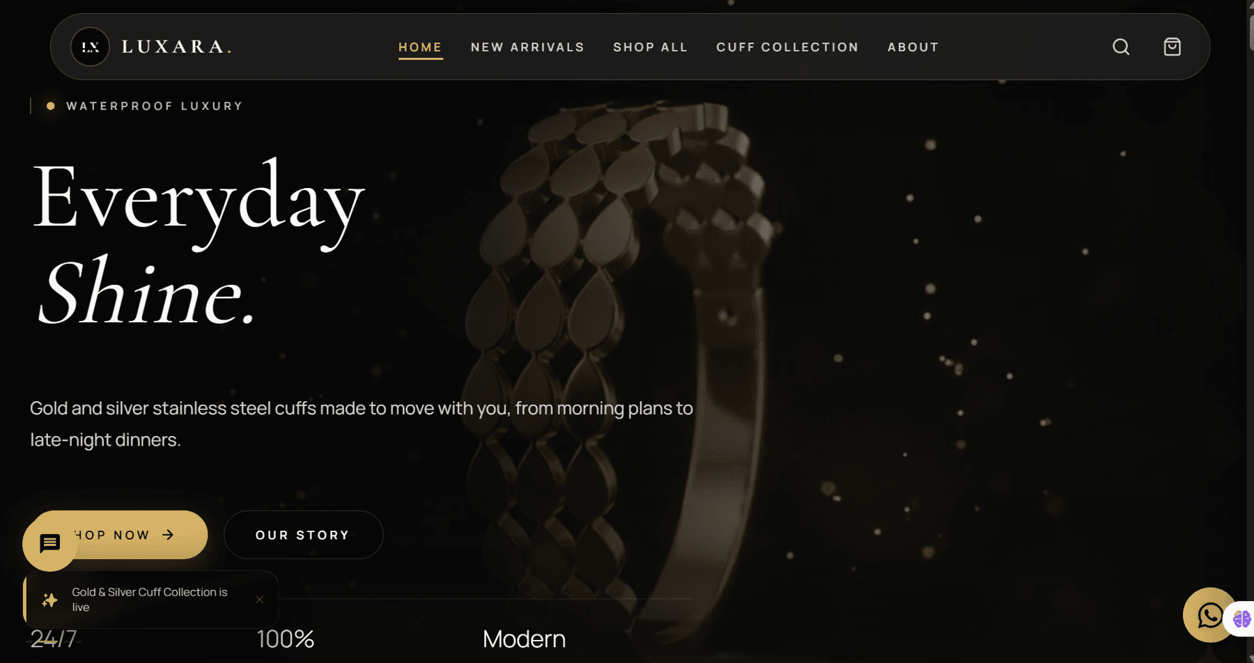 The Luxara storefront: Everyday Shine — gold and silver stainless steel cuffs.