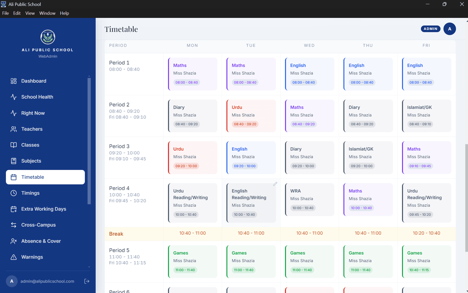 A generated week in the Ali Public School desktop app: periods 1–5 for one Junior class, with the break and Friday's shorter timings.